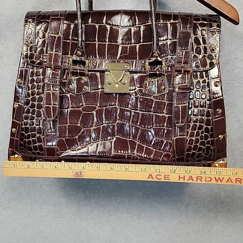 Vintage NORDSTROM Large Croco Embossed Leather Purse Hand Bag‎ Wine Gold Studded